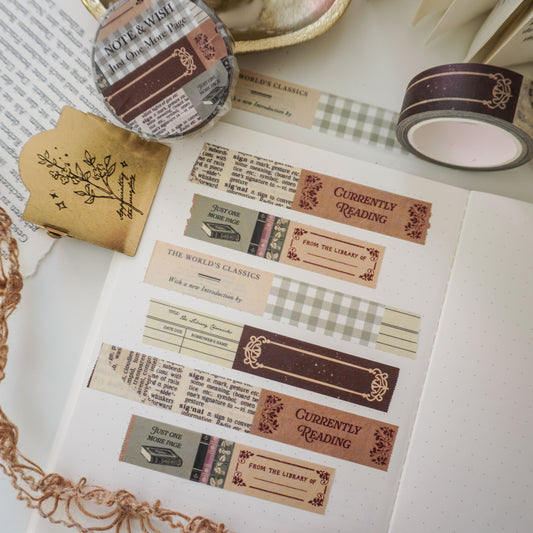 book themed washi tape with different patterns and quotes such as "currently reading" and "from the library of"