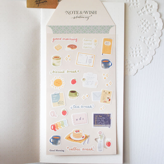 Hand drawn morning cup and book illustrations on Japanese washi paper sticker sheet