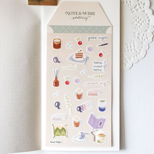 Hand drawn cup and book illustrations on Japanese washi paper sticker sheet
