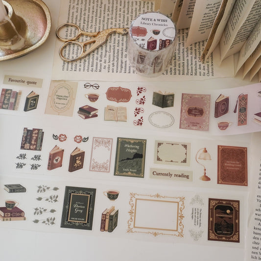 Sheet of decorative PET tape dark academia style stickers with book-themed designs on a surface with a candle and scissors. Books include Little Women, Pride and Prejudice, Wuthering Heights and Frankenstein.