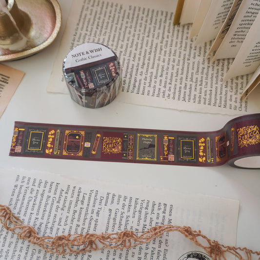 gothic dark academia washi tape with wuthering heights, the picture of dorian grey, rebecca and frankenstein.