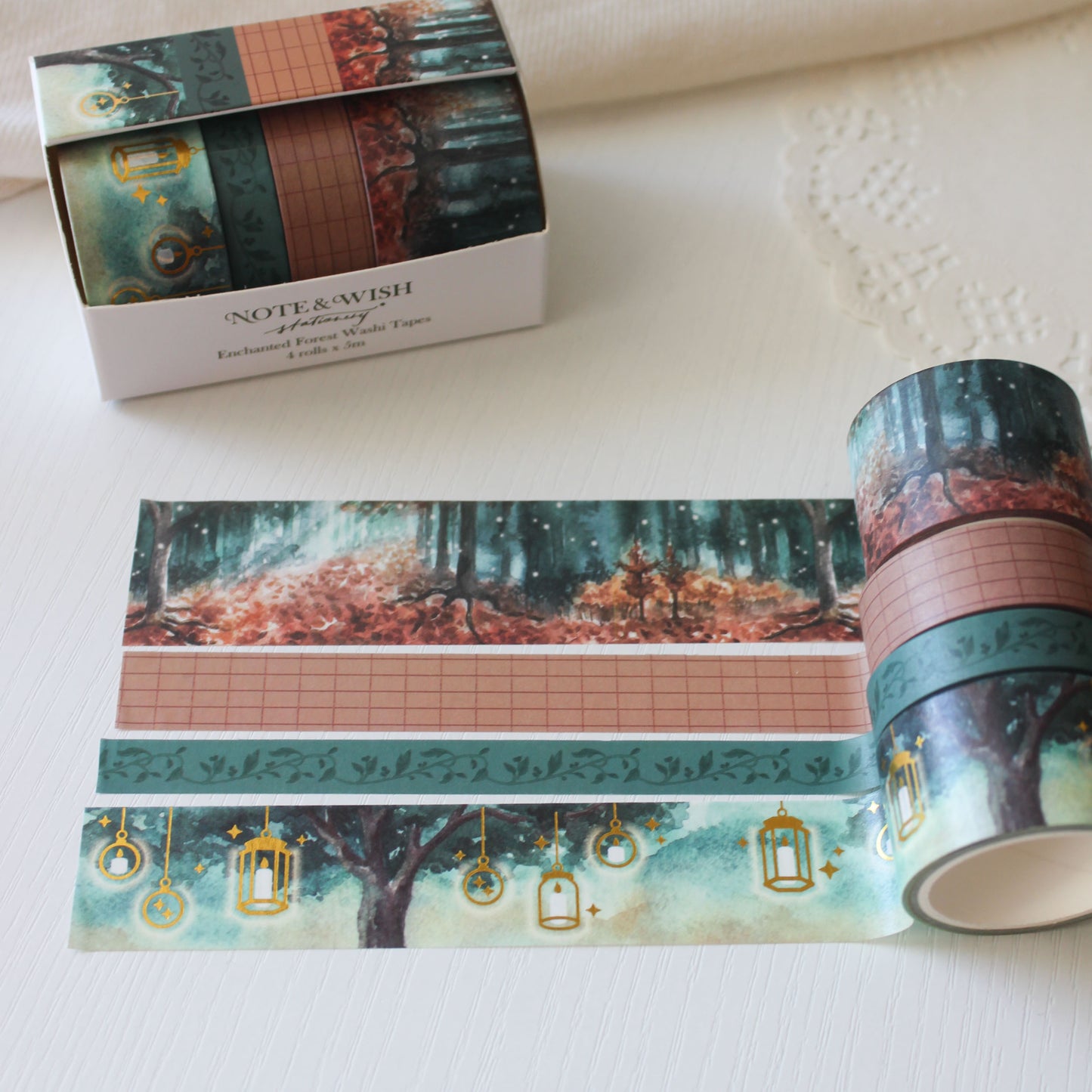 Enchanted Forest fairy tale washi tape gift set featuring watercolour woodland scenes and gold foil roll in Note & Wish presentation box