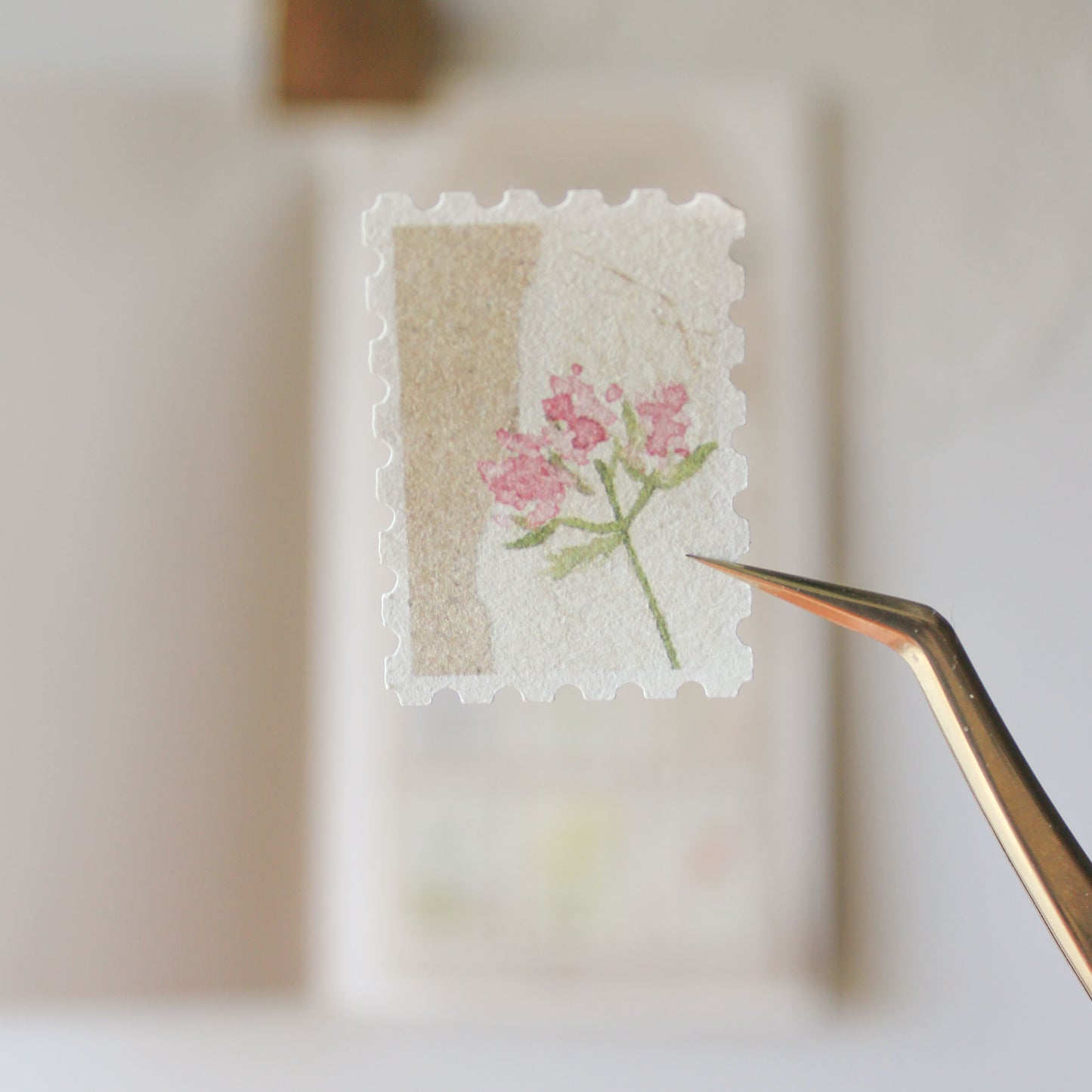 floral postage stamp sticker closeup printed on textured paper