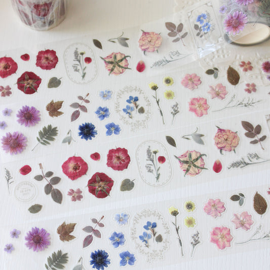 Pre-cut pressed flower PET tape featuring camellias, delphiniums & plum blossoms.