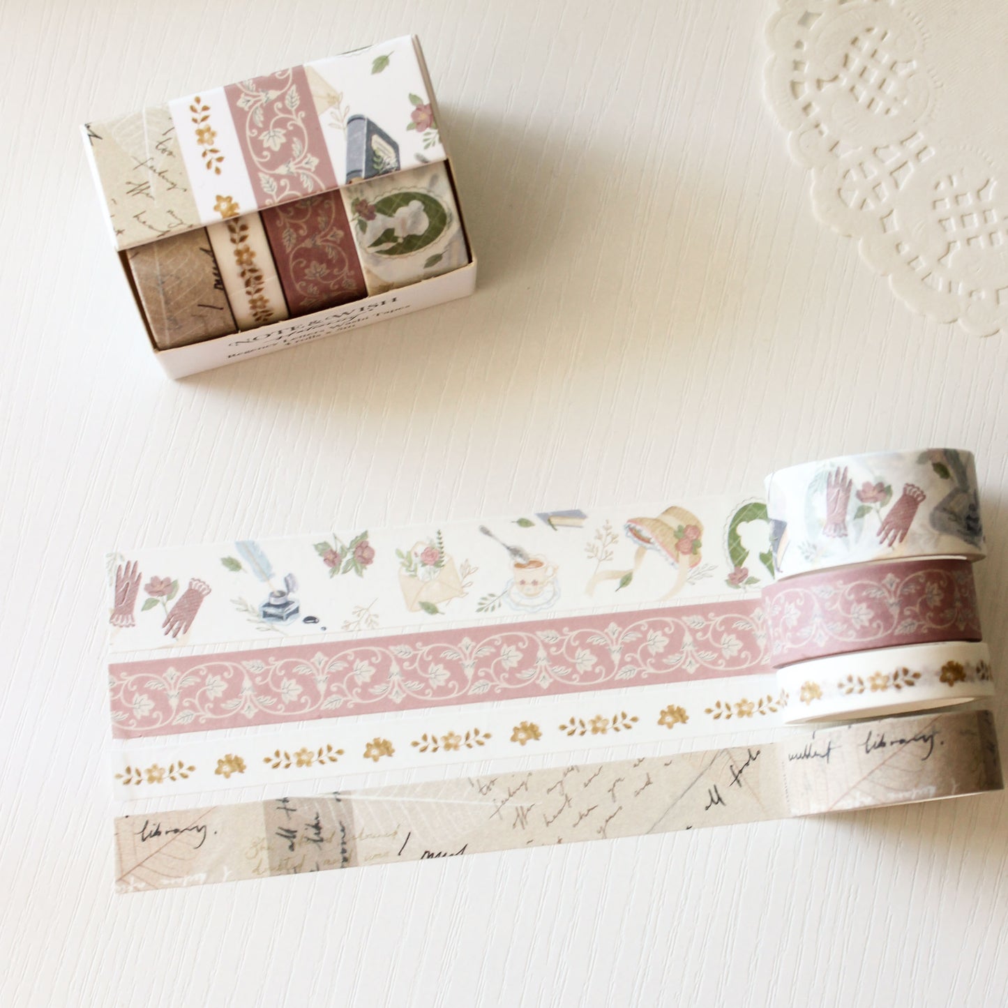 Regency Letters literary washi tape gift set featuring hand drawn letter writing and Jane Austen inspired designs in a Note & Wish presentation box