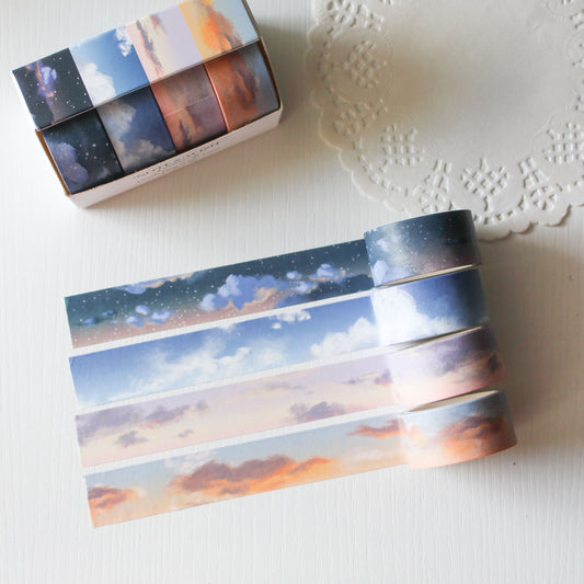 Cloudy Days Sky washi tape box set featuring four seasonal sky and sunset designs in note and wish presentation gift box