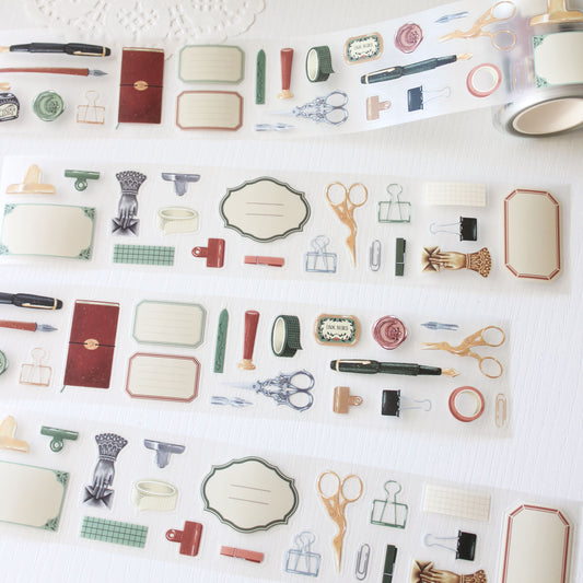 Stationery essential pre cut PET tape featuring hand-painted illustrations of vintage stationery such as wax seal stamps, fountain pens and ornate scissors.