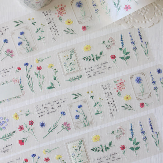 Pre-cut wide wildflower PET tape with hand-painted watercolour illustrations.