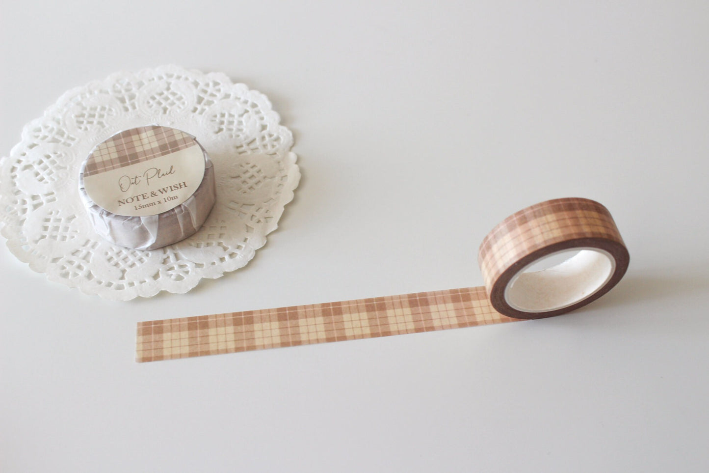 Plaid Washi Tape Set, Dark Brown Oat Cream Matcha Green Note & Wish Washi Set