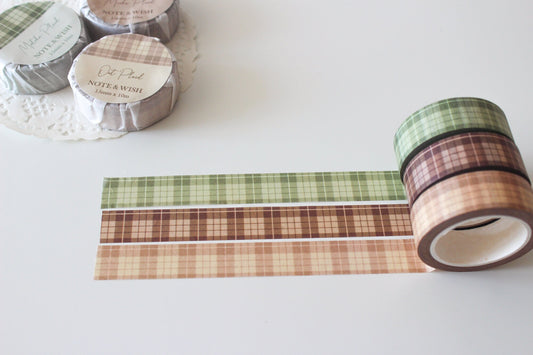 Plaid Washi Tape, Dark Brown Oat Cream Matcha Green Note & Wish Washi