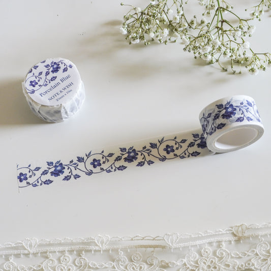 Porcelain Blue Washi Tape - Blue & White Floral Washi Tape