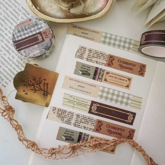 book themed washi tape with different patterns and quotes such as "currently reading" and "from the library of"