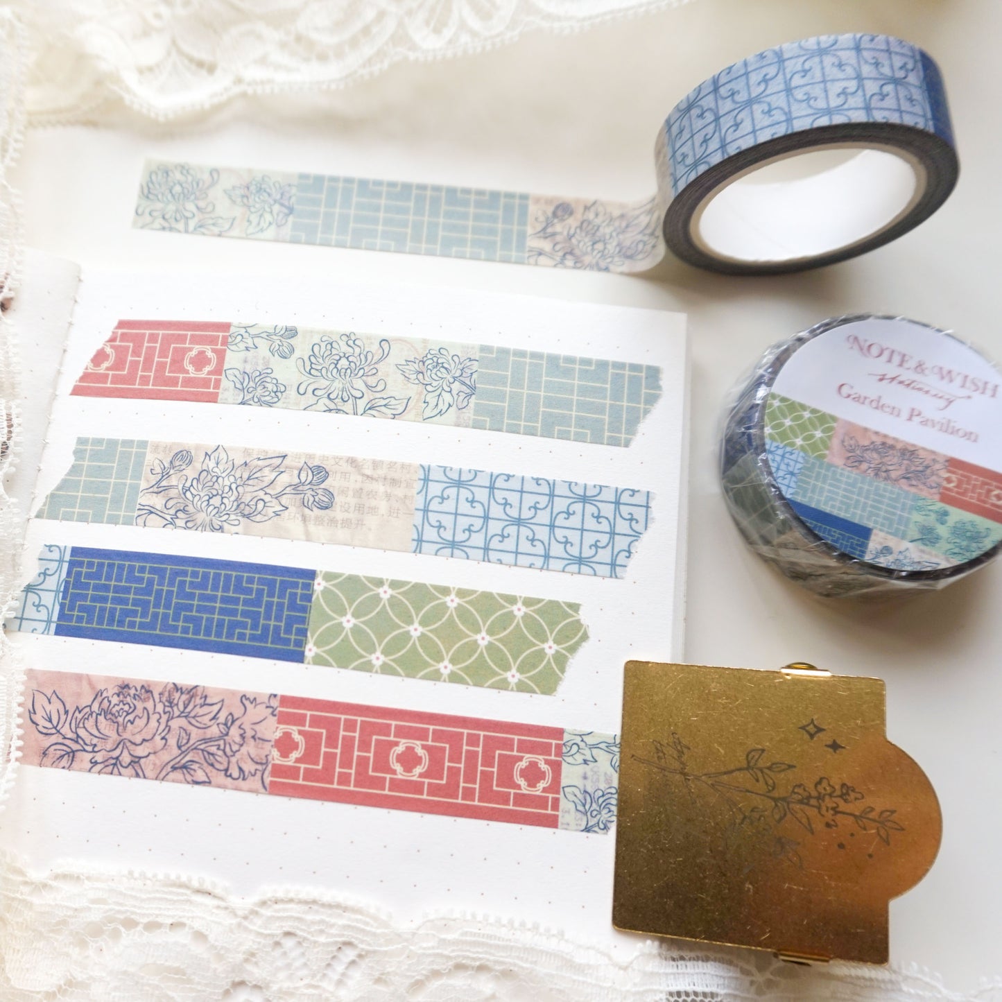 pattern washi tape featuring chrysanthemum flowers and lattice window patterns