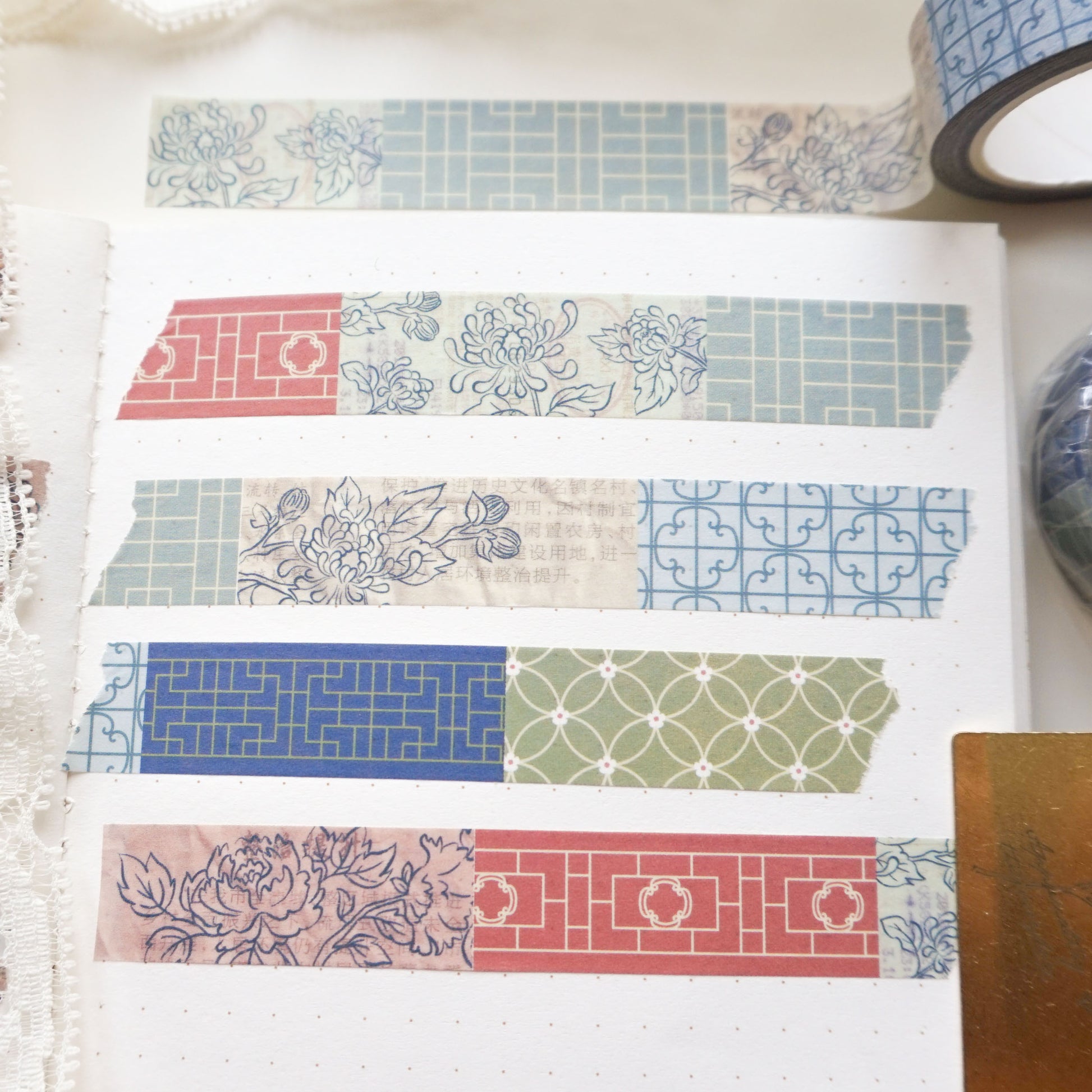 pattern washi tape featuring chrysanthemum flowers and lattice window patterns