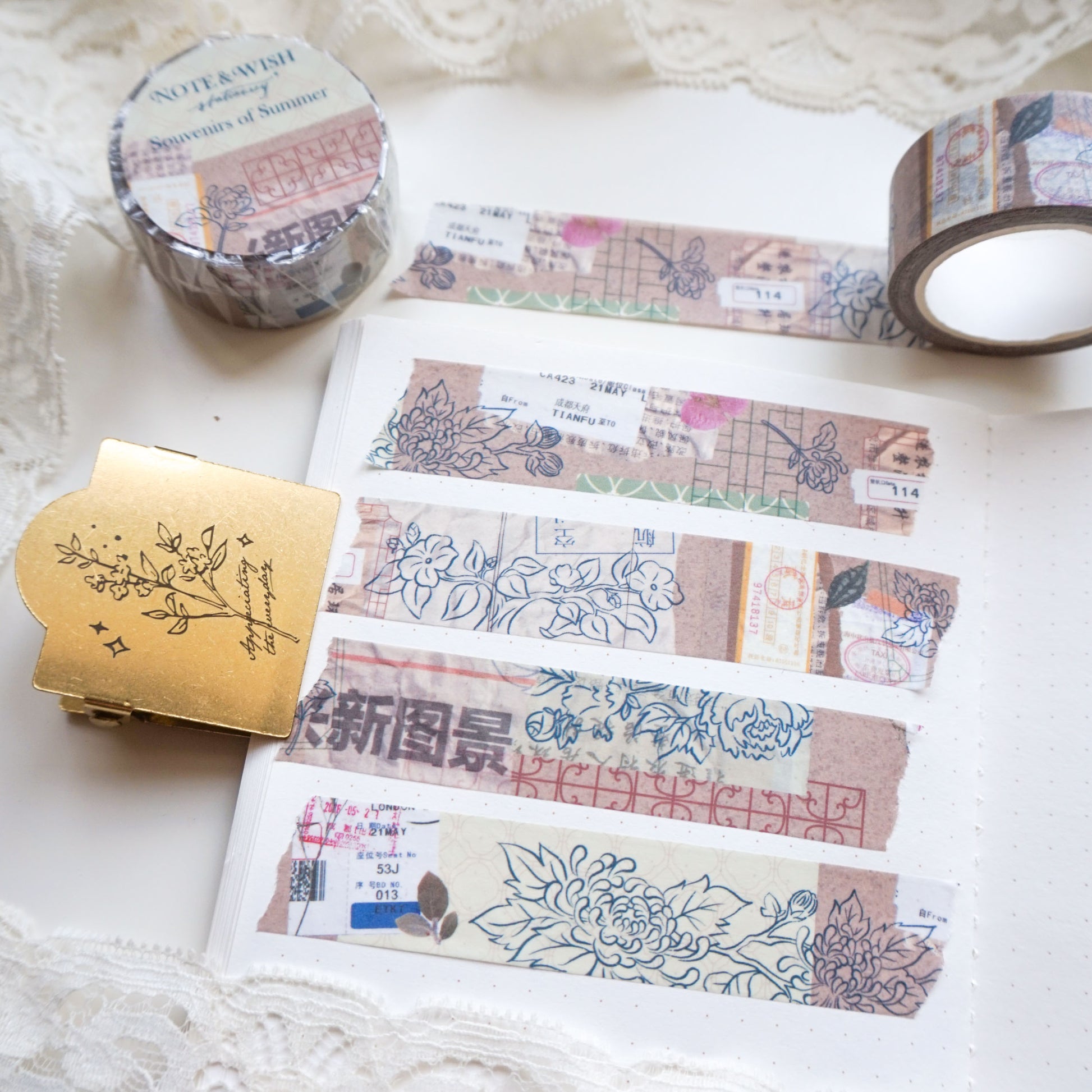 This collage style washi tape features ephemera and drawings of chrysanthemum flowers