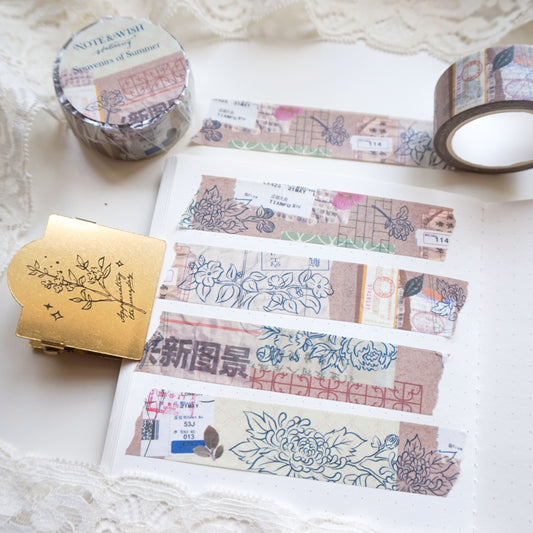 This collage style washi tape features ephemera and drawings of chrysanthemum flowers