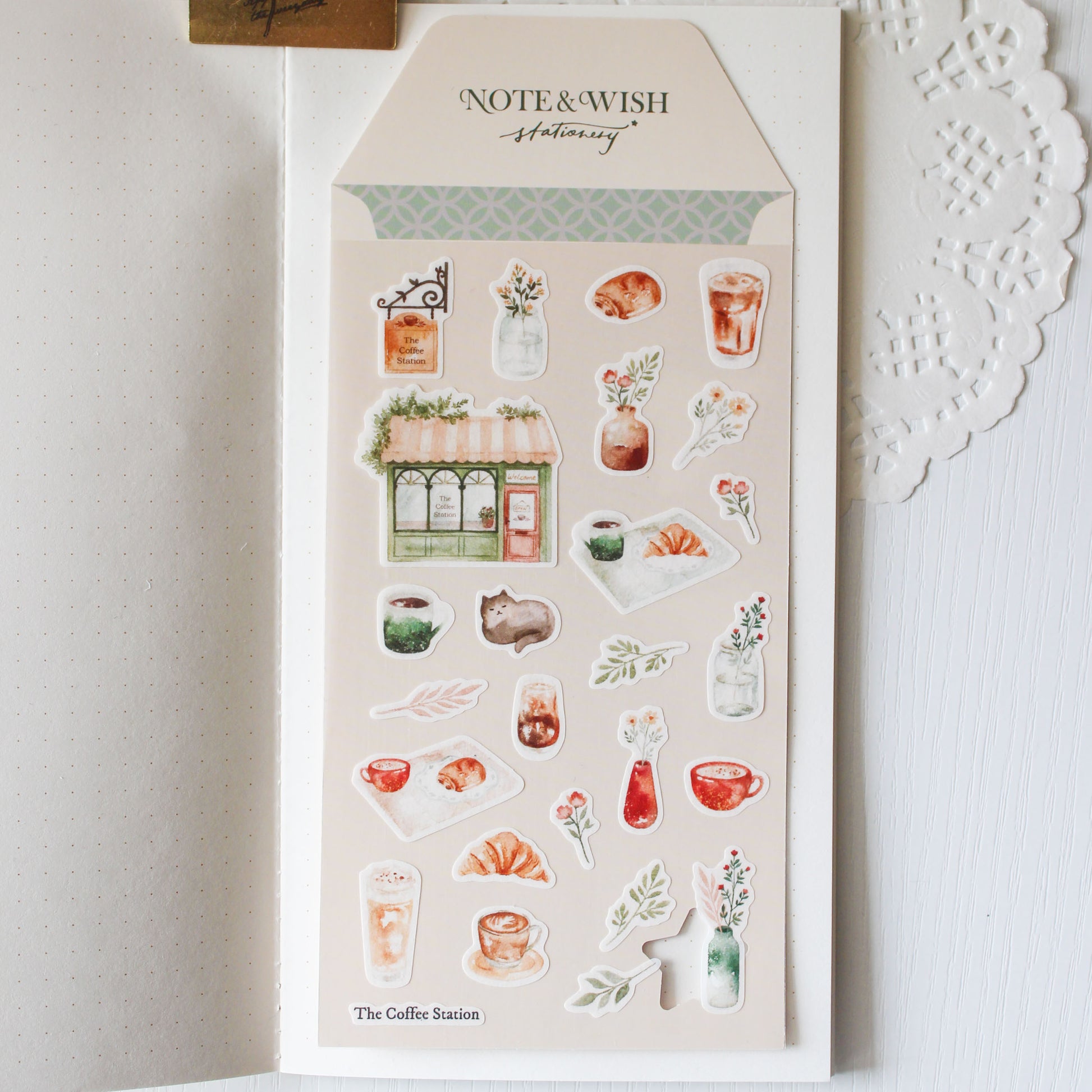 Coffee Station cosy coffee shop washi stickers featuring hand painted cups tea and croissant illustrations on Japanese washi paper