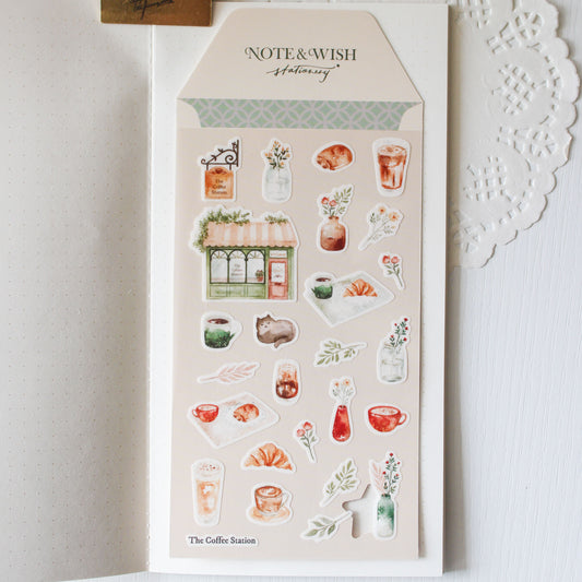Coffee Station cosy coffee shop washi stickers featuring hand painted cups tea and croissant illustrations on Japanese washi paper
