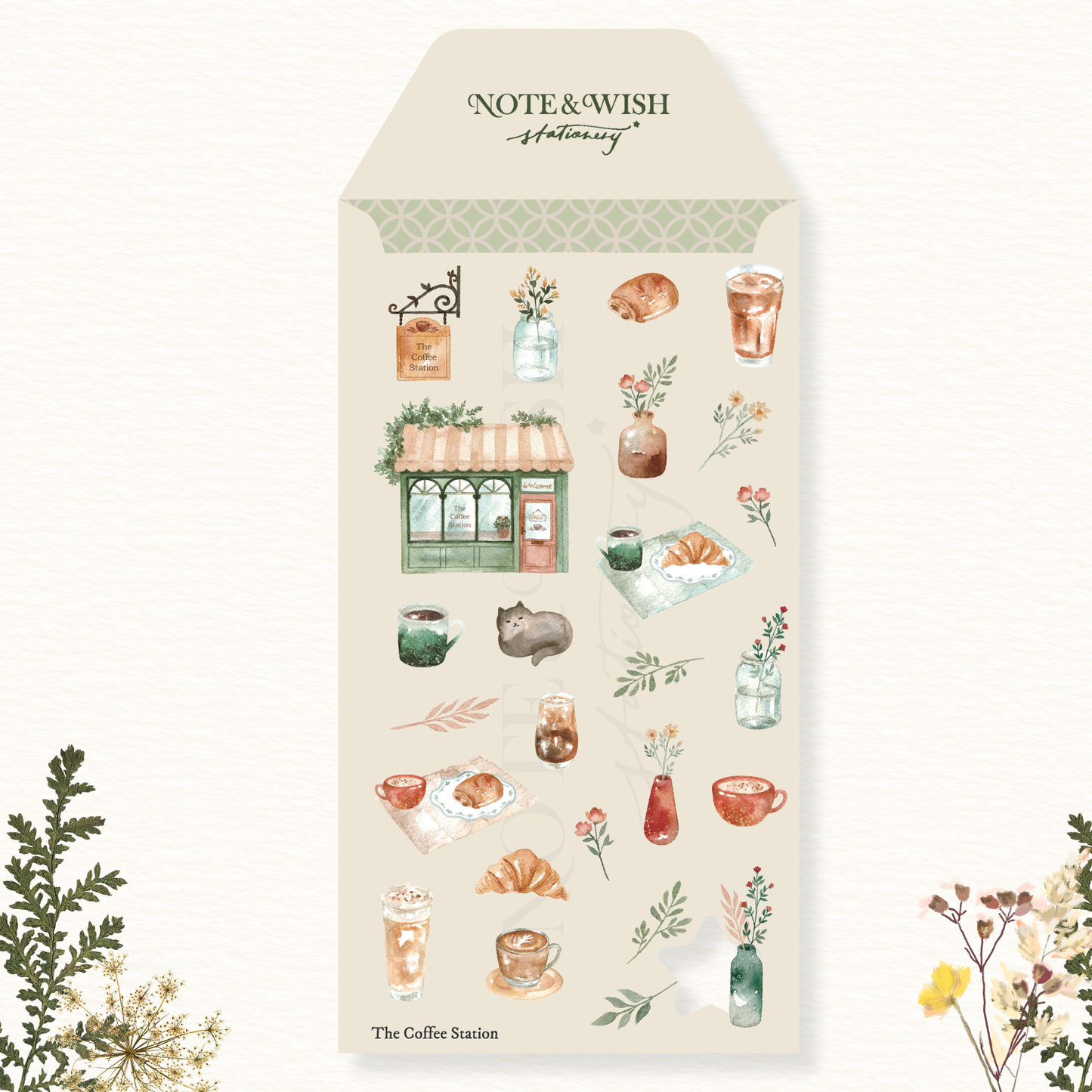 and painted watercolour coffee cup tea and croissant illustrations on cosy coffee shop washi sticker sheet