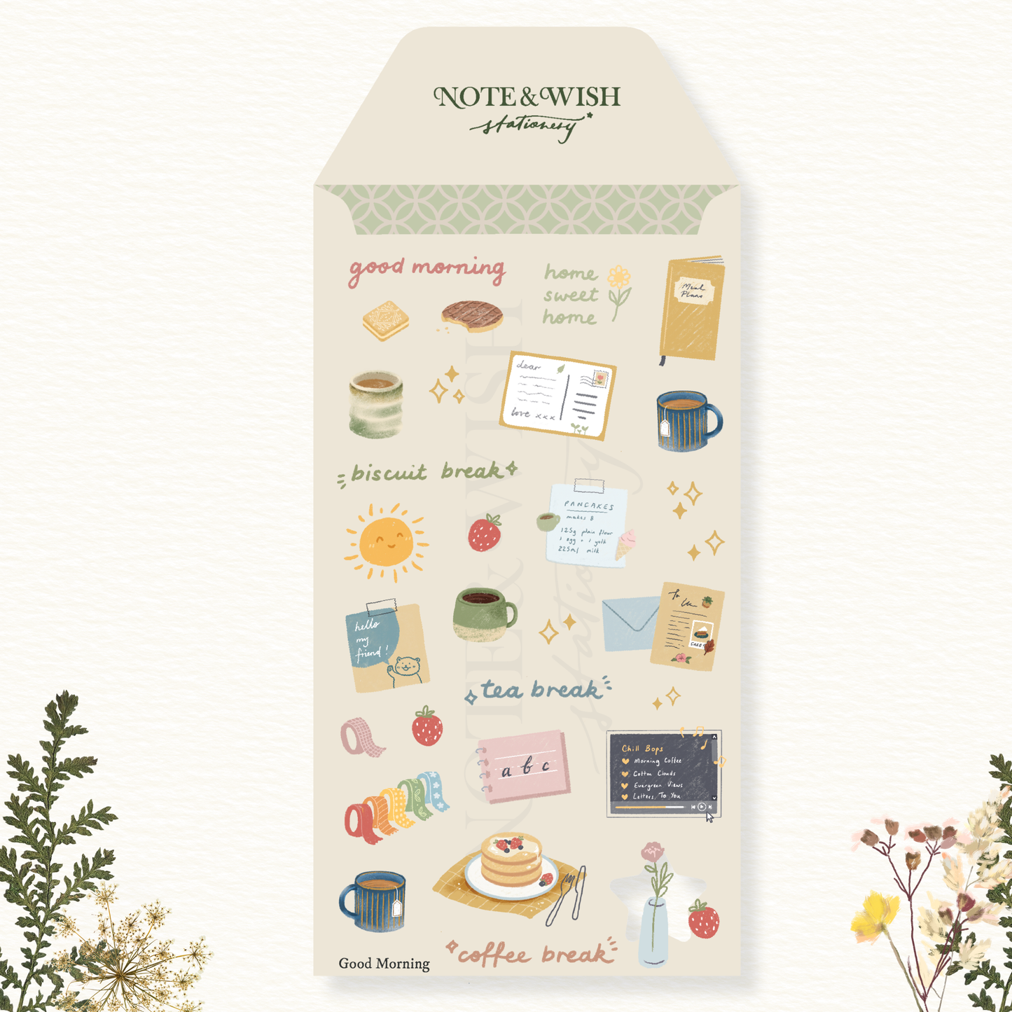 Good Morning cosy journal washi sticker sheet featuring cups books and washi tape illustrations