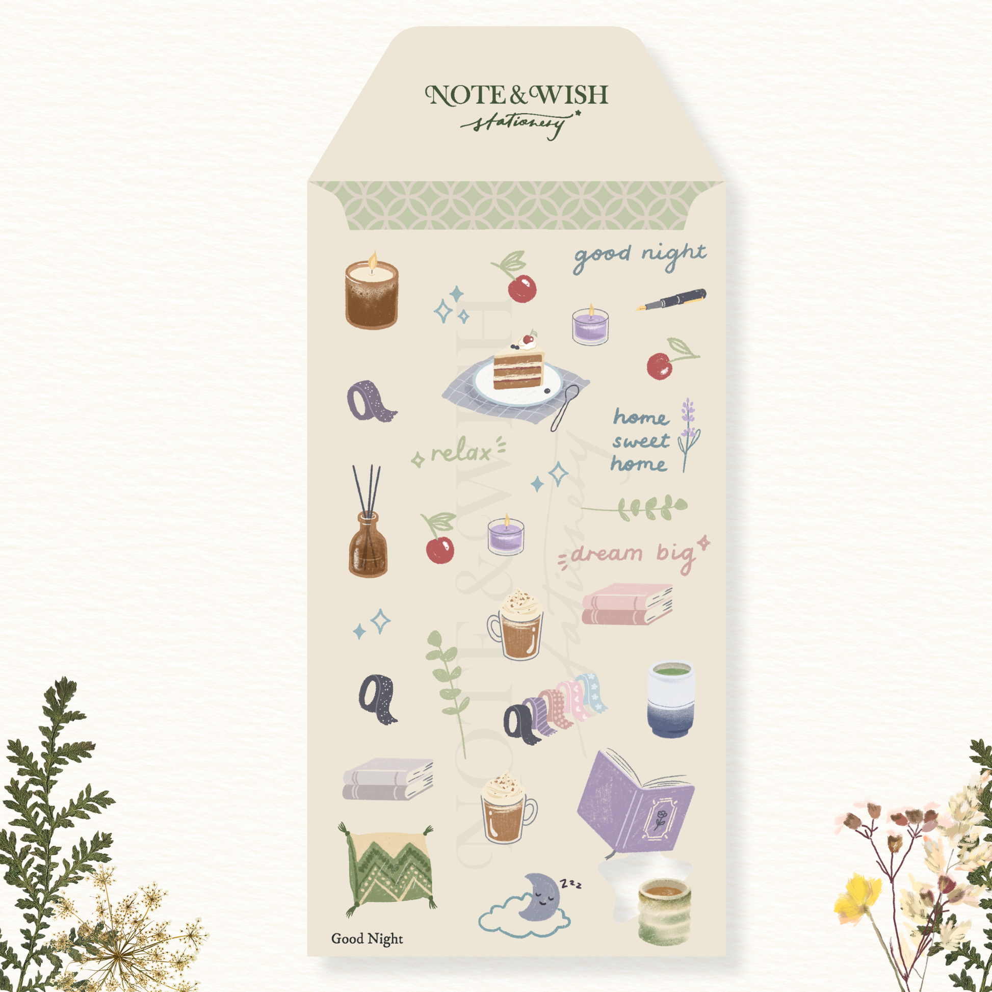 Good Night cosy journal washi sticker sheet featuring cups books and washi tape illustration