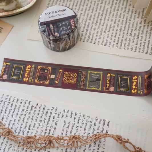 gothic dark academia washi tape with wuthering heights, the picture of dorian grey, rebecca and frankenstein.