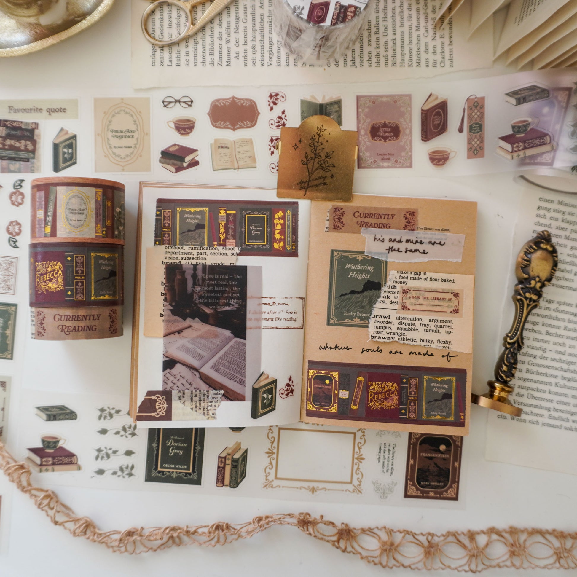 Journal page with a book themed wuthering height stickers and washi tapes