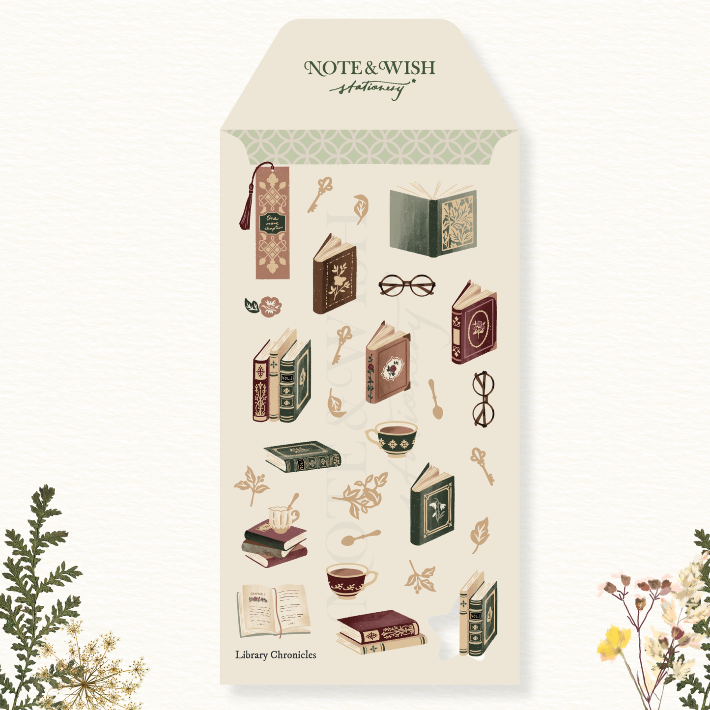 Library Chronicles dark academia journal stickers featuring vintage books and teacups on Japanese washi paper