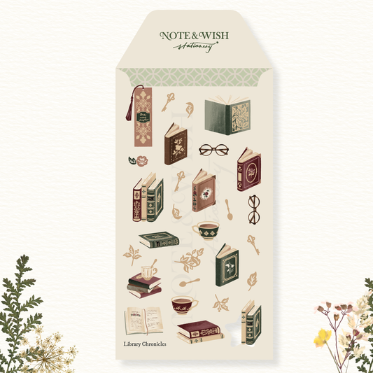 Library Chronicles dark academia journal stickers featuring vintage books and teacups on Japanese washi paper