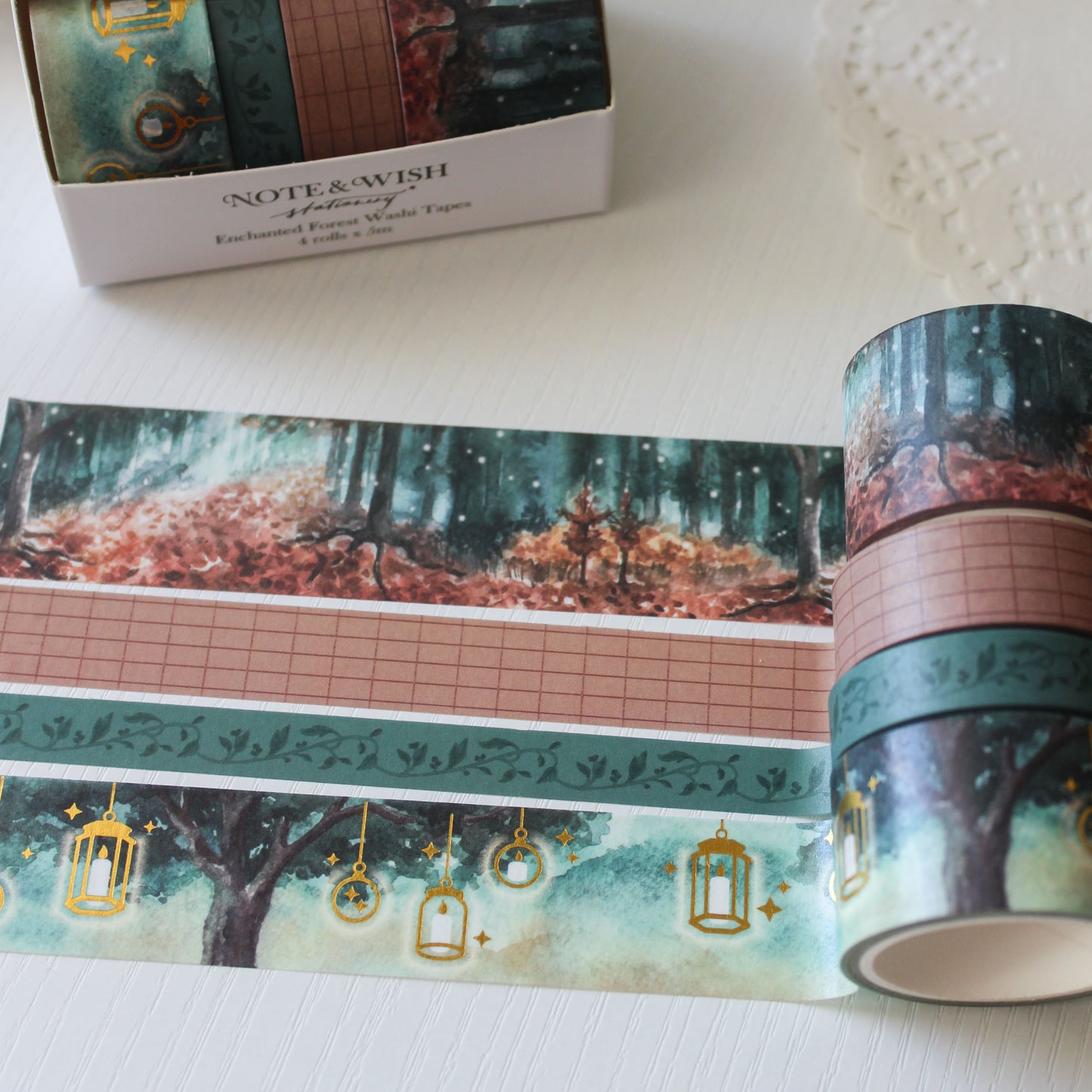 Enchanted Forest fairy tale washi tape gift set featuring watercolour woodland scenes and gold foil roll in Note & Wish presentation box