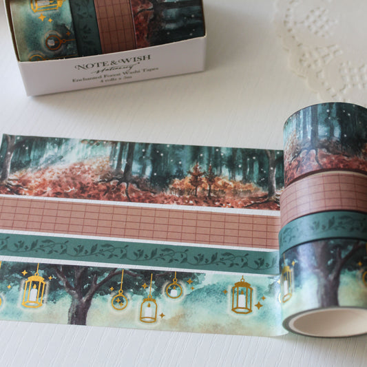 Enchanted Forest fairy tale washi tape gift set featuring watercolour woodland scenes and gold foil roll in Note & Wish presentation box