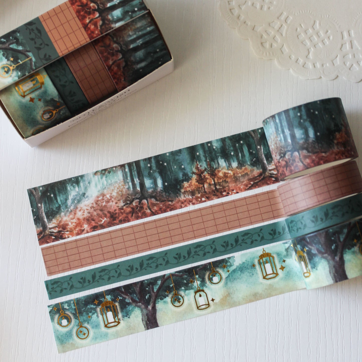 Enchanted Forest fairy tale washi tape gift set featuring watercolour woodland scenes and gold foil roll in Note & Wish presentation box
