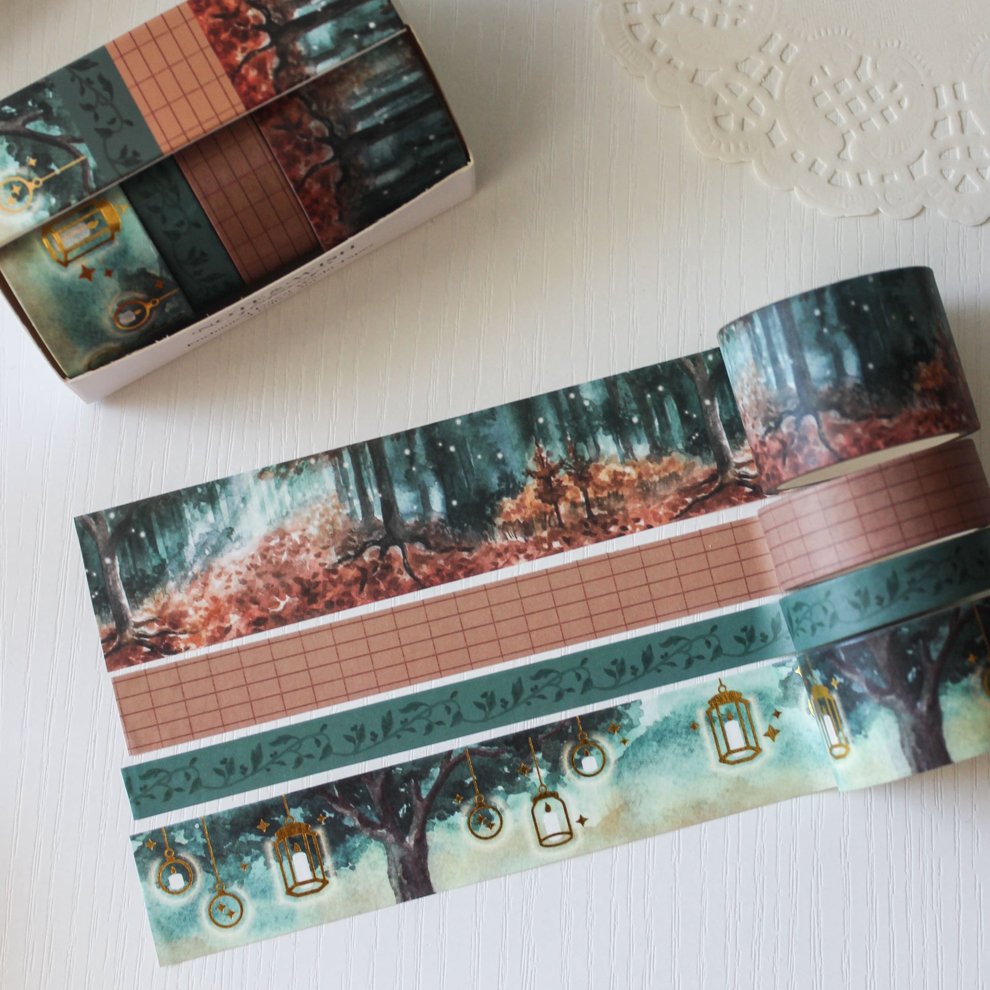 Enchanted Forest fairy tale washi tape gift set featuring watercolour woodland scenes and gold foil roll in Note & Wish presentation box