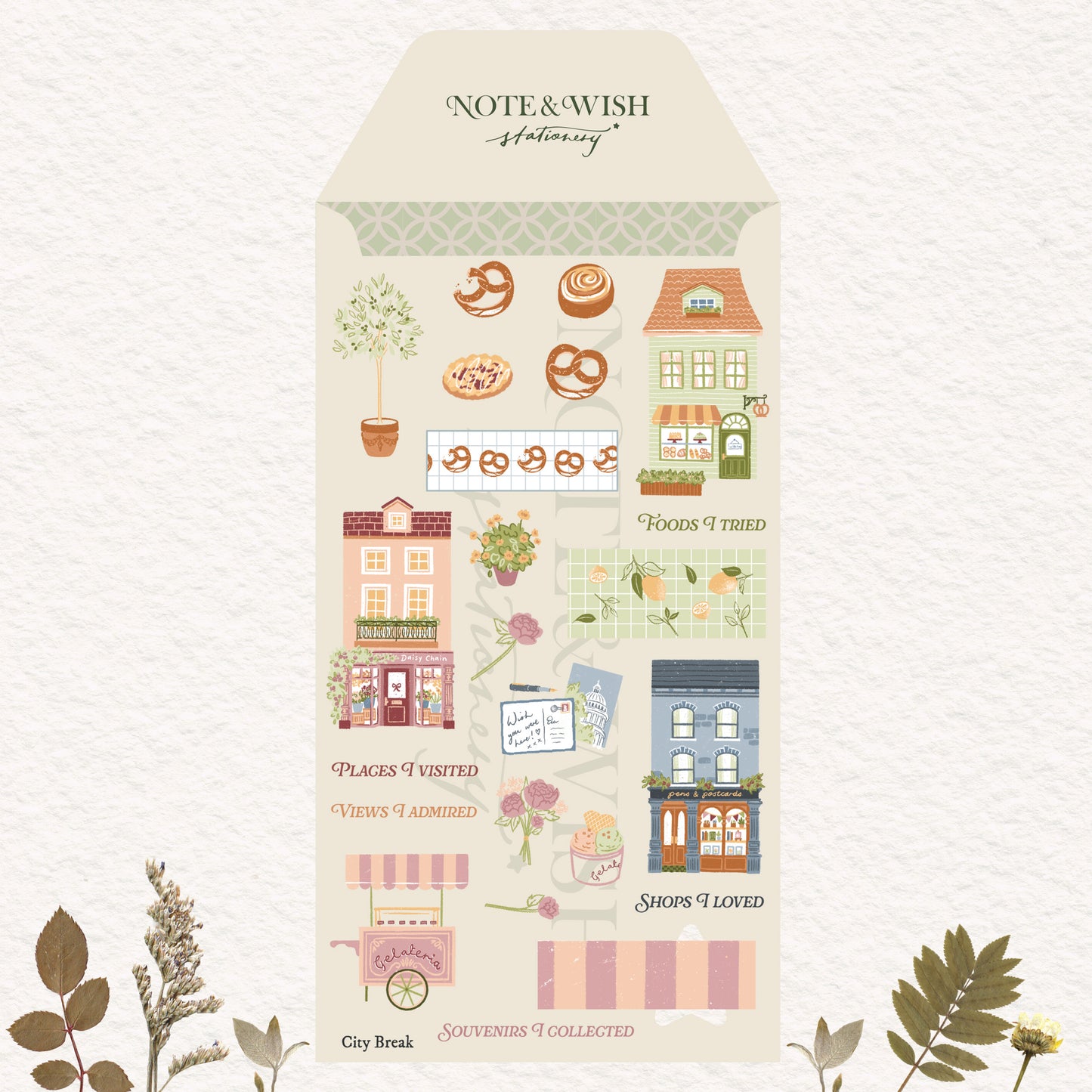 sticker sheet with cute shop fronts and baked goods