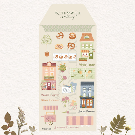 sticker sheet with cute shop fronts and baked goods