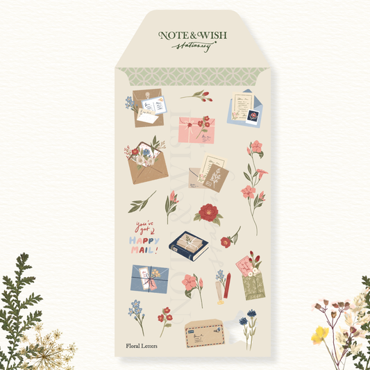 Hand drawn floral envelopes and letter illustrations printed on washi sticker sheet