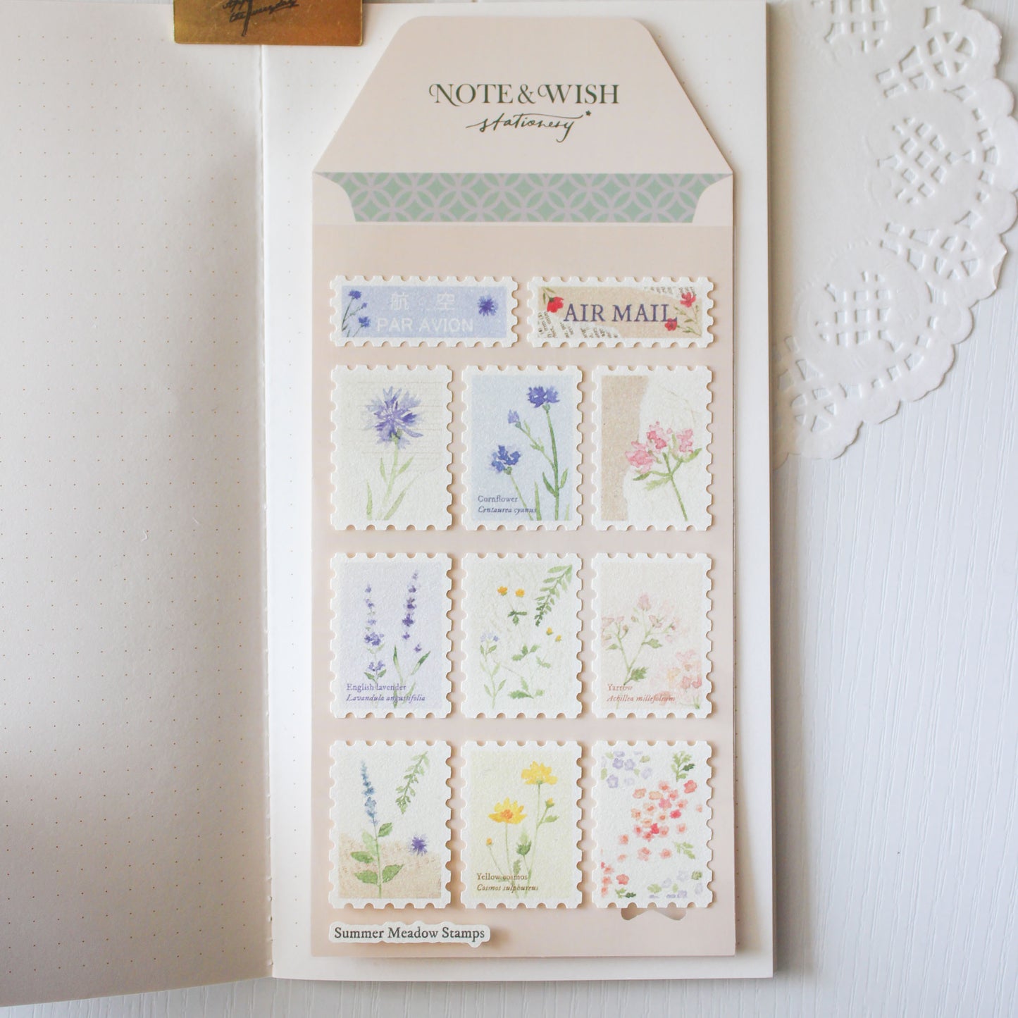 Summer Meadow floral postage stamp stickers featuring cornflowers lavender and yarrow on textured paper