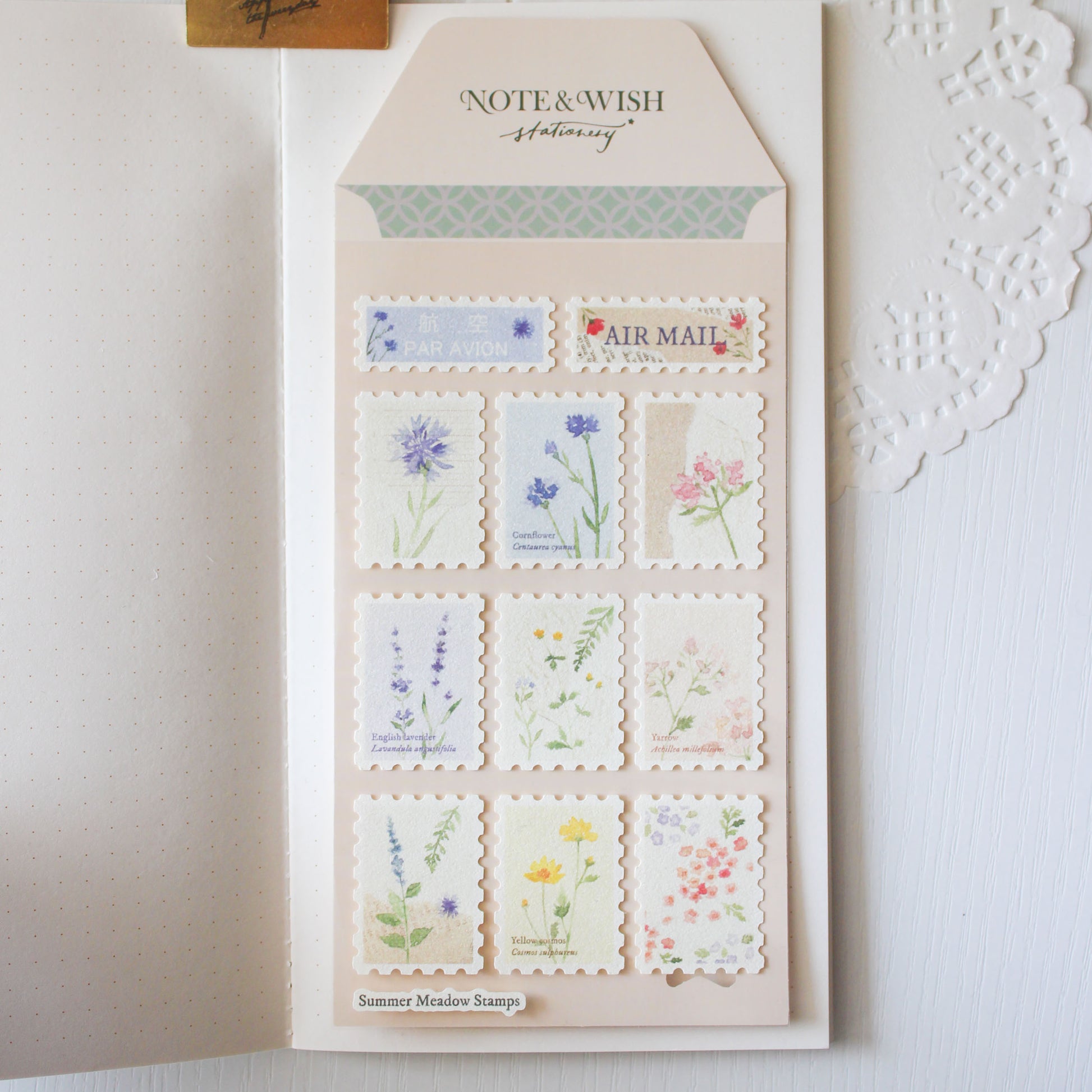 Summer Meadow floral postage stamp stickers featuring cornflowers lavender and yarrow on textured paper