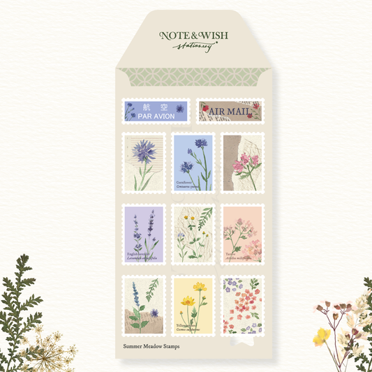 Hand drawn cornflower lavender and yarrow decorative postage stamp sticker details