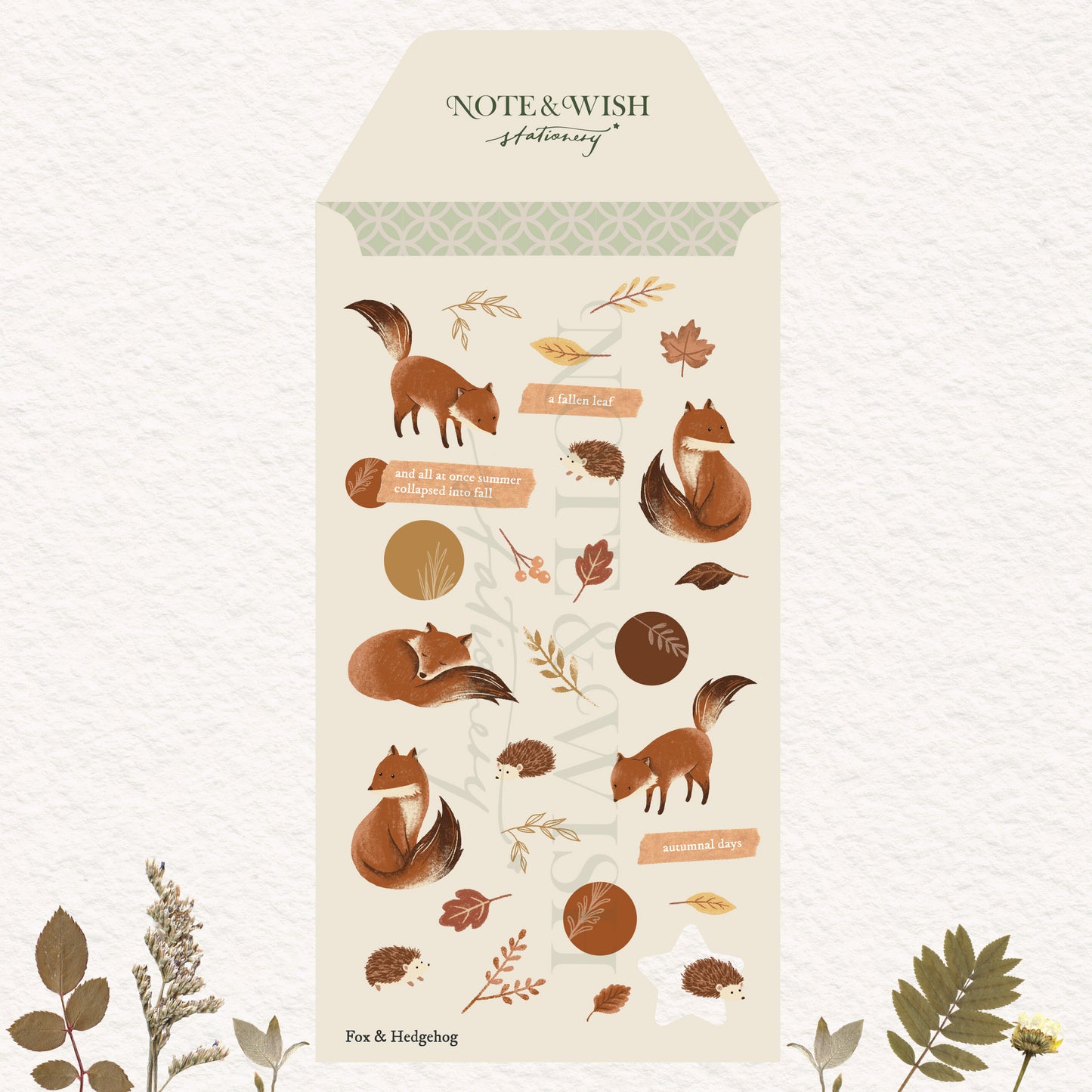 sticker sheet with cosy woodland drawings of some foxes and hedgehogs with autumn leaves