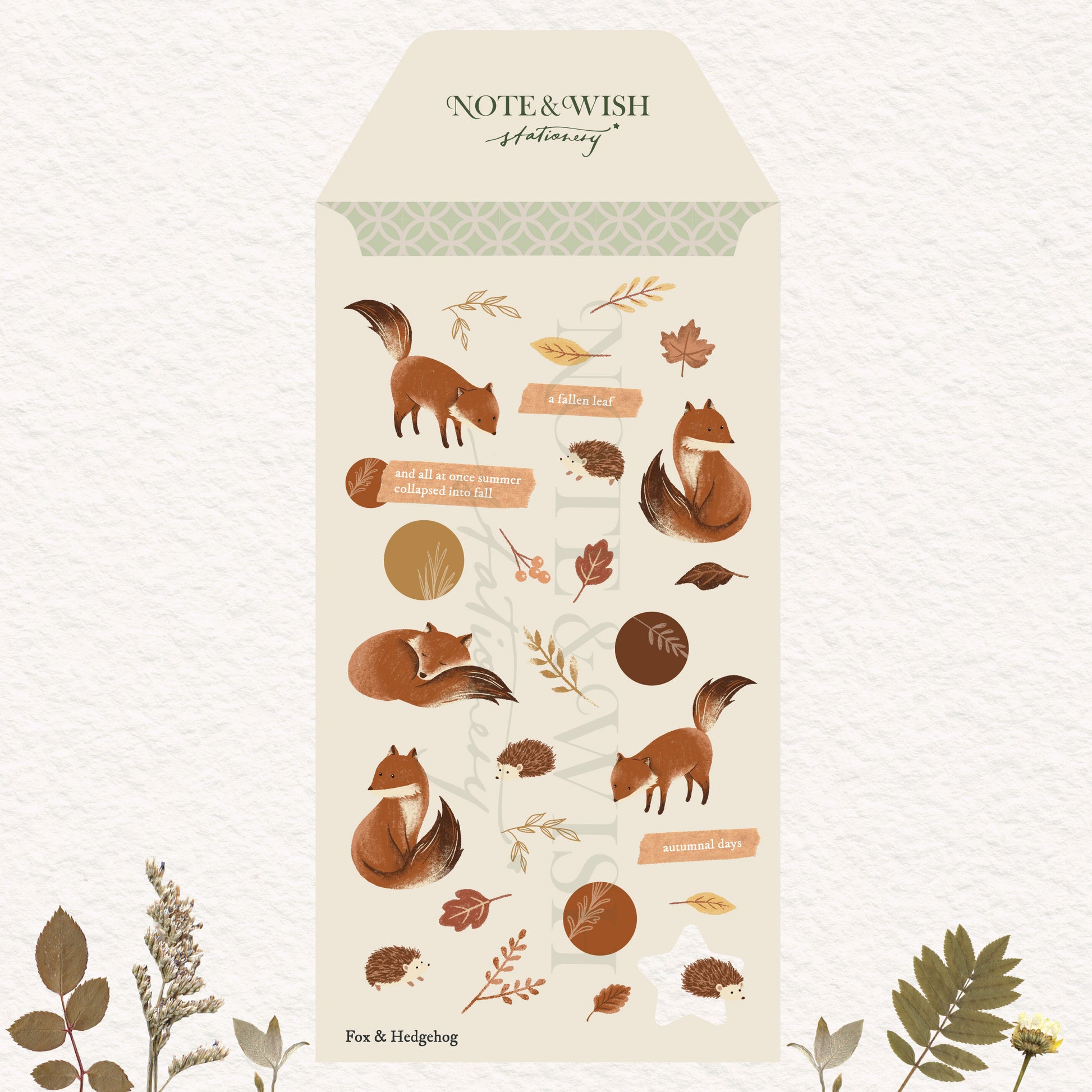 sticker sheet with cosy woodland drawings of some foxes and hedgehogs with autumn leaves