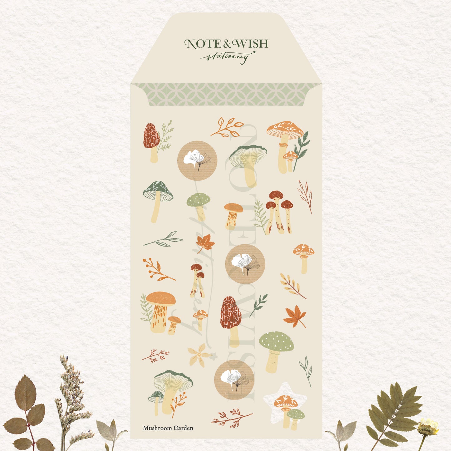 A sticker sheet illustrated with mushrooms, leaves, and botanical motifs.