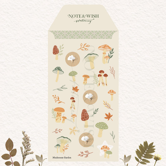 A sticker sheet illustrated with mushrooms, leaves, and botanical motifs.