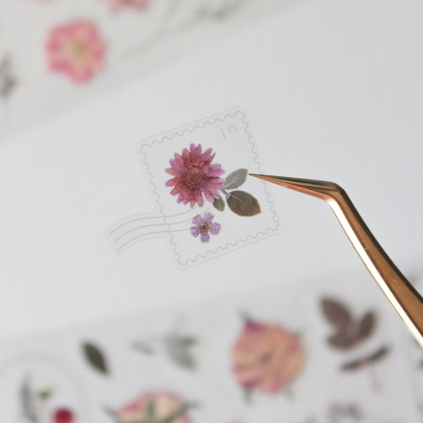 Floral stickers with tweezers on a white background