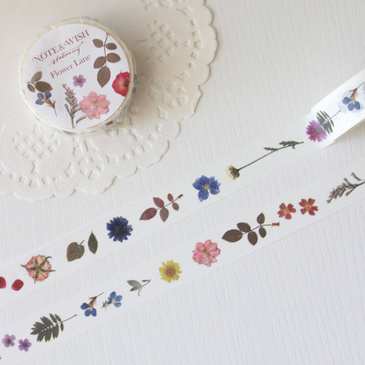 Roll of floral washi tape on a white surface with a decorative doily.