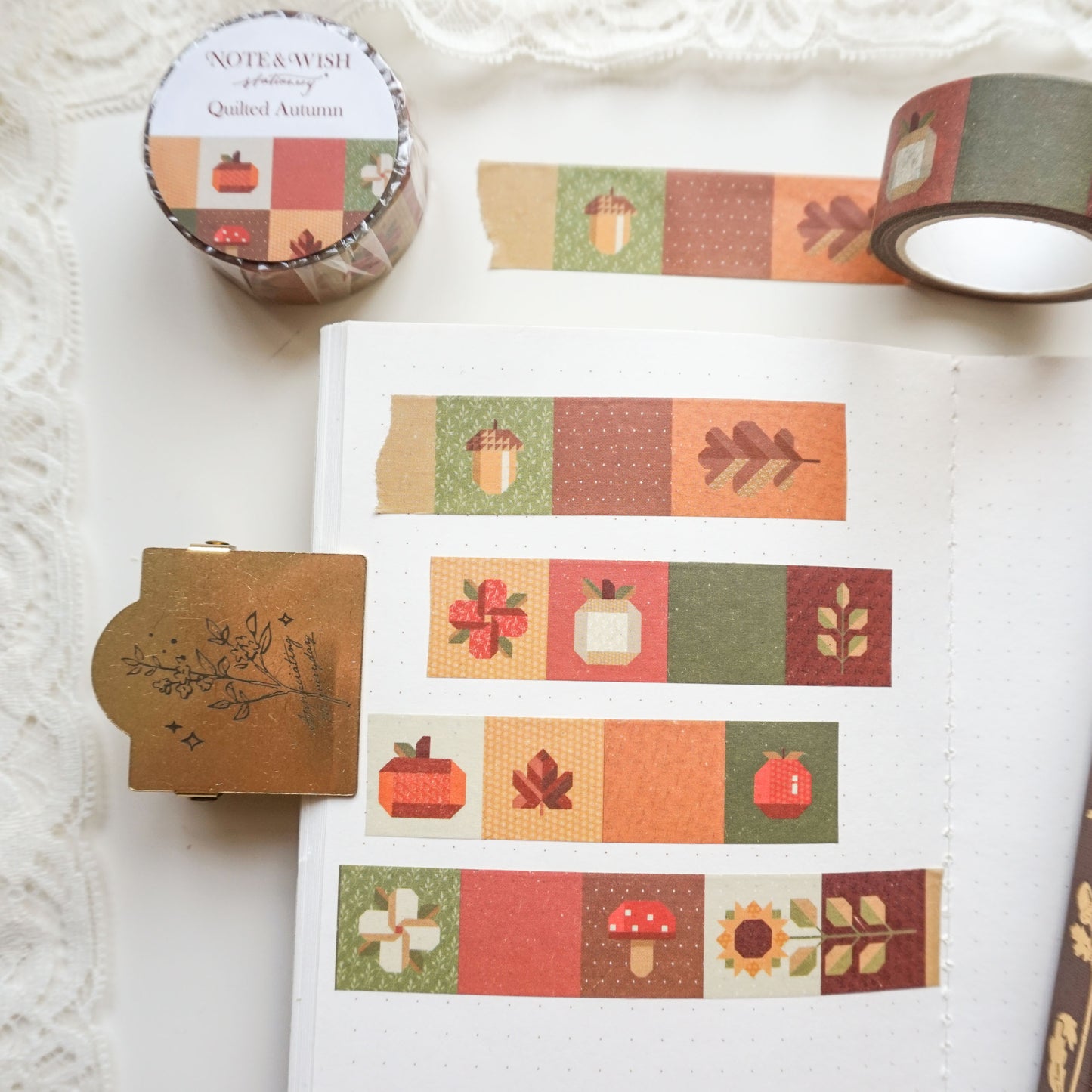 quilted autumn washi tape with illustrations of acorns, flowers, leaves, mushrooms and sunflowers