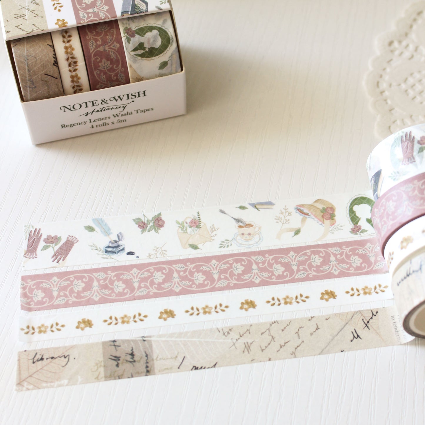 Regency Letters literary washi tape gift set featuring hand drawn letter writing and Jane Austen inspired designs in a Note & Wish presentation box