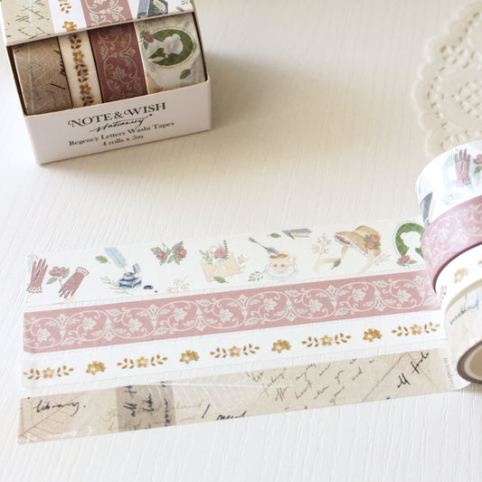 Regency Letters literary washi tape gift set featuring hand drawn letter writing and Jane Austen inspired designs in a Note & Wish presentation box