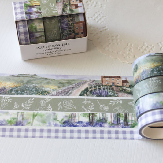  Secret Garden watercolour washi tape gift set featuring bluebell woods and cottage garden designs in Notes and wish presentation box