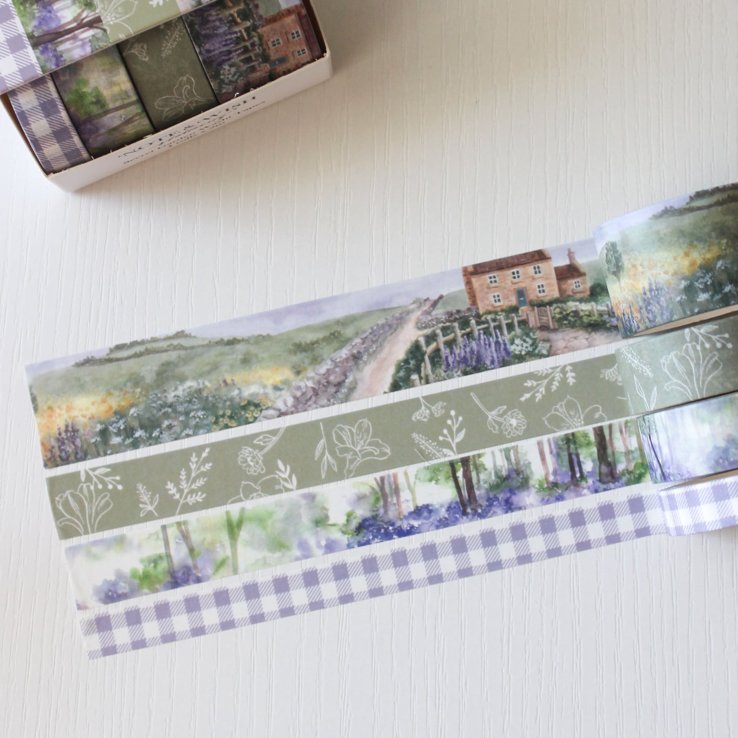 Hand painted watercolour bluebell woods and secret cottage garden scene washi tape illustrations
